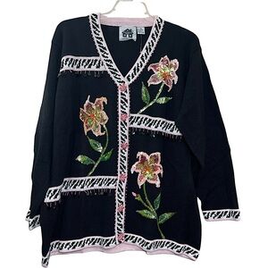 NWOT Storybook Knits black pink sequin beaded lily flower cardigan sweater 3X